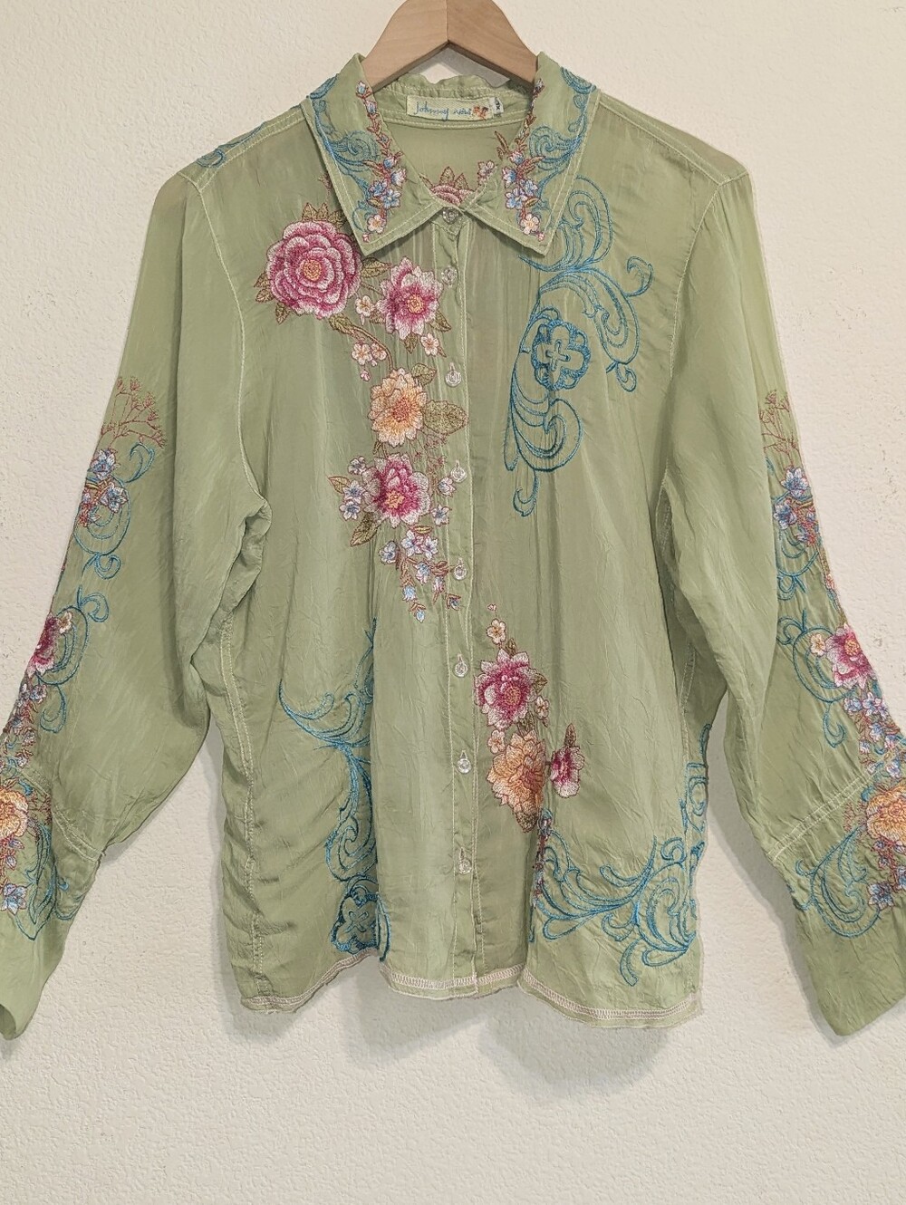 Johnny Was Embroidered Rayon Blouse Top Green Floral Boho Tunic Women Size XL